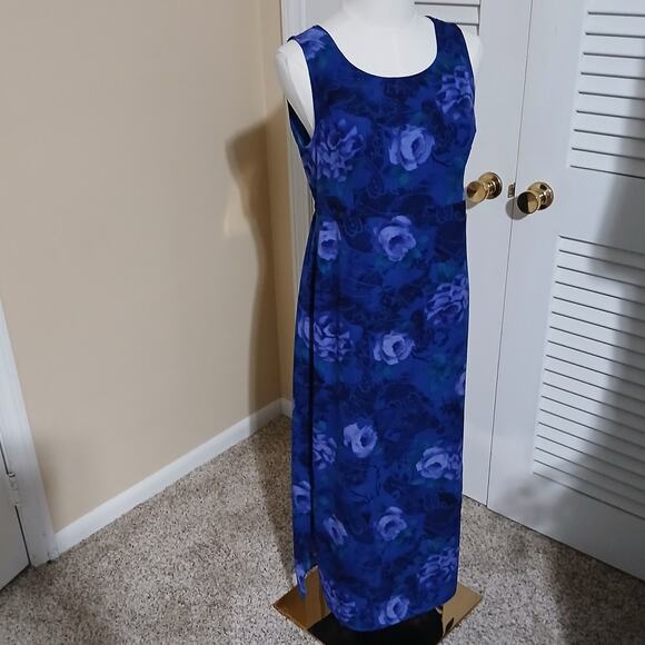 Chadwick's 4 MAXI Sleeveless FLORAL Side-Slit Blue Long Tie-Waist A-Line Dress - Picture 1 of 13
